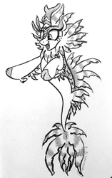 Size: 2165x3454 | Tagged: safe, artist:selenophile, autumn blaze, kirin, seapony (g4), g4, sounds of silence, cute, dorsal fin, excited, female, fin, fins, fish tail, flowing mane, flowing tail, grayscale, happy, high res, lionfish, monochrome, ocean, open mouth, open smile, seaponified, seapony autumn blaze, simple background, smiling, solo, species swap, swimming, tail, traditional art, underwater, water, white background