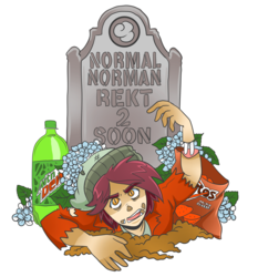 Size: 5600x6000 | Tagged: safe, artist:acerotiburon, normal norman, zombie, equestria girls, g4, absurd resolution, background human, beanie, bone, chips, commission, dirt, doritos, food, grave, gravestone, hat, male, mlg, mountain dew, normal norman general, rekt, solo