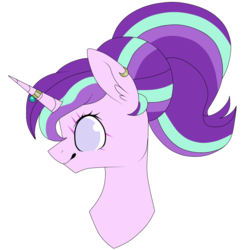 Size: 750x750 | Tagged: safe, artist:princess-of-the-nigh, starlight glimmer, pony, unicorn, icey-verse, g4, alternate hairstyle, bust, commission, ear fluff, ear piercing, earring, eye scar, female, horn, horn ring, jewelry, mare, piercing, ring, scar, simple background, solo, transparent background, wedding ring