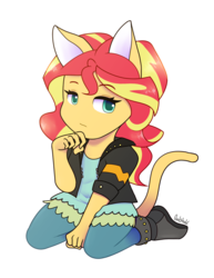 Size: 1240x1608 | Tagged: safe, artist:0ndshok, sunset shimmer, equestria girls, behaving like a cat, cat ears, cat tail, catgirl, clothes, cute, female, jacket, leather jacket, looking at you, nyanset shimmer, pants, shimmerbetes, simple background, solo, white background