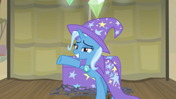 Size: 1280x720 | Tagged: safe, screencap, trixie, pony, unicorn, g4, road to friendship, cape, clothes, female, hat, lidded eyes, mare, raised hoof, smiling, solo, trixie's cape, trixie's hat, wizard hat