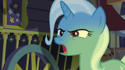 Size: 1280x720 | Tagged: safe, screencap, trixie, pony, unicorn, g4, road to friendship, female, mare, open mouth, solo, trixie's wagon