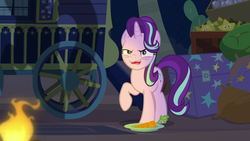 Size: 1280x720 | Tagged: safe, screencap, starlight glimmer, pony, unicorn, g4, road to friendship, carrot, faic, female, food, mare, raised hoof, solo, trixie's wagon