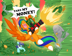 Size: 3300x2550 | Tagged: safe, artist:mulberrytarthorse, oc, oc only, oc:naarkerotics, breaking the fourth wall, cash, high res, money gun, shut up and take my money