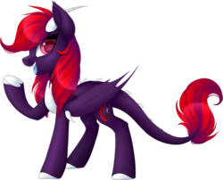 Size: 900x728 | Tagged: safe, artist:scarlet-spectrum, oc, oc only, oc:scarlet spectrum, dracony, hybrid, pony, blue tongue, cute, cute little fangs, digital art, fangs, female, happy, horn, leonine tail, looking sideways, mare, open mouth, raised hoof, red hair, red mane, red tail, simple background, smiling, solo, transparent background