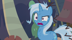 Size: 1280x720 | Tagged: safe, screencap, trixie, pony, unicorn, g4, road to friendship, female, mare, messy mane, open mouth, solo, twig