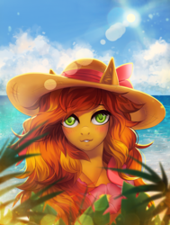 Size: 908x1200 | Tagged: safe, artist:margony, oc, oc only, oc:bristol hawke, earth pony, anthro, anthro oc, beach, clothes, cloud, commission, digital art, ear fluff, female, hat, looking at you, mare, signature, solo, sun, ych result