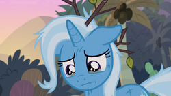 Size: 1280x720 | Tagged: safe, screencap, trixie, pony, unicorn, g4, road to friendship, coconut tree, female, mare, palm tree, solo, teary eyes, tree