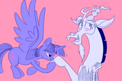 Size: 1280x853 | Tagged: safe, artist:discolight-diary, artist:turkleson, discord, twilight sparkle, alicorn, draconequus, pony, g4, blushing, female, kissing, male, role reversal, ship:discolight, shipping, straight, twilight sparkle (alicorn)