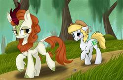 Size: 3800x2500 | Tagged: safe, artist:mysha, edit, autumn blaze, oc, oc:hickory switch, earth pony, kirin, pony, g4, season 8, sounds of silence, bedroom eyes, blue eyes, blushing, canon x oc, cloven hooves, commission, cowboy hat, curved horn, cutie mark, female, hat, heart, high res, horn, leonine tail, looking back, male, scenery, shipping, stetson, straight, walking, ych result
