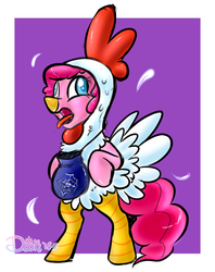 Size: 2285x2888 | Tagged: safe, artist:lildooks, pinkie pie, earth pony, pony, g4, animal costume, chicken pie, chicken suit, clothes, costume, explicit source, female, halloween costume, high res, mare, open mouth, silly, silly pony, solo