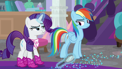 Size: 1280x720 | Tagged: safe, screencap, rainbow dash, rarity, pegasus, pony, unicorn, g4, the end in friend, azurantium, boots, duo, faic, female, glitter boots, magic, magic aura, magnifying glass, mare, shoes, sparkles, telekinesis