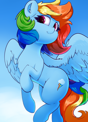 Size: 2300x3200 | Tagged: safe, artist:madacon, rainbow dash, pegasus, pony, g4, cheek fluff, chest fluff, cute, dashabetes, ear fluff, female, flying, high res, looking at you, mare, raised hoof, smiling, solo, spread wings, wing fluff, wings