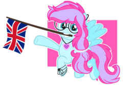 Size: 1024x684 | Tagged: safe, artist:bezziie, oc, oc only, oc:strawberry pie, pegasus, pony, female, flag, glasses, mare, mouth hold, simple background, solo, transparent background, union jack