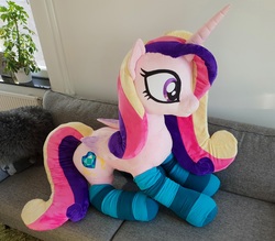 Size: 1622x1422 | Tagged: safe, artist:epicrainbowcrafts, princess cadance, alicorn, pony, g4, clothes, couch, folded wings, irl, life size, photo, plushie, sitting, socks, solo, striped socks
