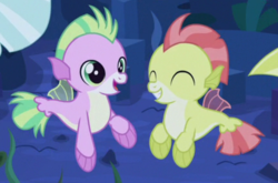 Size: 431x285 | Tagged: safe, screencap, bubblebrine, ocean mist, orchid breeze, poppy seagrass, pony, seapony (g4), g4, surf and/or turf, baby seapony (g4), background sea pony, cropped, cute, duo focus, eyes closed, fin, fins, grin, offscreen character, open mouth, open smile, seaweed, smiling, tail, tail fin, underwater