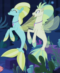 Size: 474x576 | Tagged: safe, screencap, aestuarium, ocean mist, pony, seapony (g4), g4, surf and/or turf, background sea pony, cropped, duo focus, eyes closed, female, fins, jewelry, male, mare, necklace, offscreen character, smiling, stallion, tail, tail fin, underwater