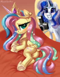 Size: 1572x1992 | Tagged: safe, alternate version, artist:moonseeker, fluttershy, rarity, pegasus, pony, unicorn, testing testing 1-2-3, alternate hairstyle, blushing, butt, camera, celestia costume, celestia's crown, clothes, cosplay, costume, crown, cute, dock, embarrassed, ethereal mane, explicit source, featureless crotch, female, flutterbutt, grin, hoof shoes, jewelry, lidded eyes, lunarity, magic, mare, peytral, plot, redraw, regalia, shylestia, smiling, telekinesis
