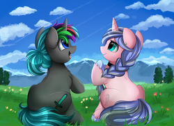 Size: 4094x2975 | Tagged: safe, artist:pridark, oc, oc only, oc:diamond sharp, oc:silver thread, pony, unicorn, commission, duo, ear piercing, female, mare, open mouth, piercing, sitting, sky, smiling