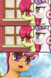 Size: 1257x1920 | Tagged: safe, artist:plotcore, apple bloom, scootaloo, sweetie belle, earth pony, pegasus, pony, unicorn, g4, comic, cutie mark crusaders, description is relevant, dialogue, drawthread, fate/kaleid liner prisma illya, female, filly, ponified, request, trio