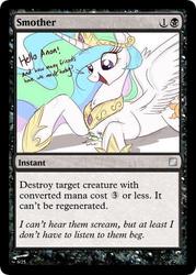 Size: 375x523 | Tagged: safe, artist:ncmares, edit, princess celestia, oc, oc:anon, alicorn, pony, g4, black, card, chest fluff, cute, cutie mark, diadem, female, giant pony, giantlestia, hoof shoes, macro, magic the gathering, make some friends, male, mare, smothering, wings