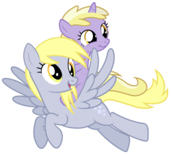 Size: 5000x4500 | Tagged: safe, artist:mundschenk85, derpy hooves, dinky hooves, pegasus, pony, unicorn, g4, absurd resolution, dinky riding derpy, equestria's best mother, female, filly, flying, headcanon, like mother like daughter, like parent like child, mare, mother and daughter, ponies riding ponies, rider, riding, show accurate, simple background, smiling, transparent background, vector