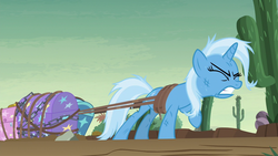 Size: 1280x720 | Tagged: safe, screencap, trixie, pony, unicorn, g4, road to friendship, eyes closed, female, luggage, mare, ropes, saguaro cactus, solo, straining