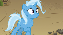 Size: 1280x720 | Tagged: safe, screencap, trixie, pony, unicorn, g4, road to friendship, female, mare, messy mane, raised hoof, solo