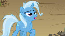 Size: 1280x720 | Tagged: safe, screencap, trixie, pony, unicorn, g4, road to friendship, female, lidded eyes, mare, messy mane, open mouth, solo