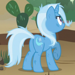Size: 313x314 | Tagged: safe, screencap, trixie, pony, unicorn, g4, road to friendship, butt, cactus, cropped, female, mare, messy mane, plot, prickly pear, raised hoof, solo, underhoof
