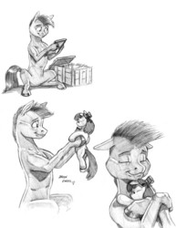 Size: 1000x1297 | Tagged: safe, artist:baron engel, apple bloom, oc, oc:stone mane (baron engel), g4, crate, doll, grayscale, hug, monochrome, pencil drawing, picture, picture frame, plushie, present, simple background, smiling, story in the source, story included, straw, toy, traditional art, white background