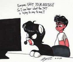 Size: 1024x862 | Tagged: safe, artist:newyorkx3, oc, oc only, oc:tommy, oc:tommy junior, earth pony, human, pony, colt, computer, dialogue, flight simulator, headset, male, traditional art, video game