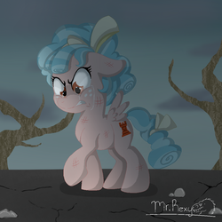 Size: 1000x1000 | Tagged: safe, artist:mr.rexy, cozy glow, pegasus, pony, g4, alternate timeline, angry, bad end, barren, bruised, cozy glow is not amused, cozybuse, crying, dark, female, filly, foal, forest, freckles, ruin, ruined, solo, walking, wasteland