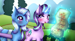 Size: 2500x1363 | Tagged: safe, artist:mylittleyuri, starlight glimmer, trixie, pony, unicorn, g4, road to friendship, cute, digital art, duo, female, glowing horn, horn, map, mare, redraw, scene interpretation