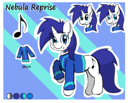 Size: 1217x984 | Tagged: safe, artist:darkwolfhybrid, oc, oc only, oc:nebula reprise, pony, unicorn, abstract background, clothes, commission, freckles, looking at you, male, raised hoof, reference sheet, shirt, solo, stallion