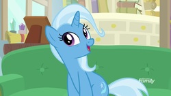 Size: 1600x900 | Tagged: safe, screencap, trixie, pony, unicorn, g4, road to friendship, book, couch, discovery family logo, drawer, female, mare, open mouth, solo