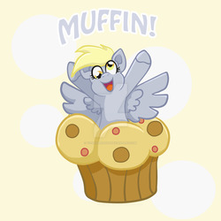 Size: 1024x1024 | Tagged: safe, artist:yoshimarsart, derpy hooves, pegasus, pony, g4, deviantart watermark, female, food, muffin, obtrusive watermark, open mouth, solo, text, that pony sure does love muffins, watermark