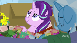 Size: 1920x1080 | Tagged: safe, screencap, starlight glimmer, trixie, pony, unicorn, g4, road to friendship, discovery family logo, duo, female, flower, hammock, mare, scrunchy face