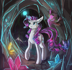 Size: 1230x1200 | Tagged: safe, artist:mequiloano, rarity, spike, dragon, pony, unicorn, g4, cave, duo, female, gem cave, male, mare