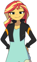 Size: 1159x1920 | Tagged: safe, artist:furrgroup, sunset shimmer, equestria girls, g4, clothes, female, jacket, looking at you, simple background, smiling, smugset shimmer, solo, white background