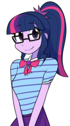 Size: 992x1800 | Tagged: safe, artist:furrgroup, sci-twi, twilight sparkle, equestria girls, g4, my little pony equestria girls: better together, bow, bowtie, clothes, cute, female, geode of telekinesis, glasses, looking at you, magical geodes, ponytail, shirt, simple background, skirt, smiling, solo, twiabetes, white background
