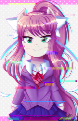 Size: 880x1360 | Tagged: safe, artist:the-butch-x, earth pony, pony, spoiler:doki doki literature club, bipedal, bow, clothes, crossover, doki doki literature club, error, female, glitch, hair bow, just monika, mare, monika, ponified, school uniform, smiling, solo, spoilers for another series