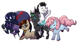 Size: 4026x2170 | Tagged: safe, artist:yaboidante, oc, oc only, oc:cotton candy, oc:pipe dream, oc:shadowscar blackmane, oc:spider-spider, oc:yoyo mare, changeling, pegasus, pony, spider, unicorn, tails of equestria, book, bow, bowtie, braid, changeling oc, colt, cufflinks, female, filly, fluffy, friendship, glasses, group, male, non pony, party, pen and paper rpg, rpg, simple background, tabletop, transparent background, wings