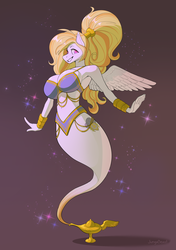 Size: 2112x3000 | Tagged: safe, artist:jungabeast, oc, oc only, oc:storm shield, genie, monster pony, pegasus, anthro, armpits, big breasts, bracelet, breasts, female, gradient background, high res, jewelry, lamp, solo, sparkles, spread wings, waistband, wings