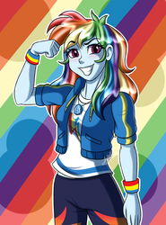 Size: 2300x3100 | Tagged: safe, artist:jack-pie, rainbow dash, equestria girls, g4, my little pony equestria girls: better together, clothes, female, geode of super speed, grin, high res, magical geodes, multicolored hair, pants, smiling, solo