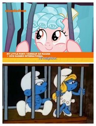 Size: 3106x4096 | Tagged: safe, edit, edited screencap, screencap, cozy glow, pony, g4, school raze, bars, cage, clothes, cozybetes, cute, dress, female, filly, foal, hat, logic, male, nickelodeon, smurfette, smurfs, subtitles