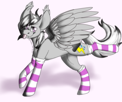 Size: 2000x1669 | Tagged: safe, artist:ashen_the_birb, oc, oc only, alicorn, pony, :p, alicorn oc, clothes, commission, digital art, ear fluff, fangs, looking at you, male, raised hoof, signature, silly, simple background, socks, solo, stallion, striped socks, tongue out, ych result