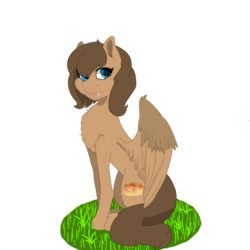 Size: 894x894 | Tagged: safe, artist:dannimation, oc, oc only, oc:blueberry parfait, pegasus, pony, blue eyes, fangs, female, grass, looking at you, mare, simple background, sitting, smiling, solo, transparent background