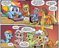 Size: 901x724 | Tagged: safe, artist:pencils, idw, official comic, apple rose, applejack, auntie applesauce, goldie delicious, rainbow dash, earth pony, pegasus, pony, g4, spoiler:comic, spoiler:comic70, comic, cropped, female, hoof hold, mare, mouth hold, pencil, speech bubble