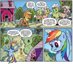 Size: 873x767 | Tagged: safe, artist:pencils, idw, official comic, apple rose, applejack, auntie applesauce, goldie delicious, granny smith, rainbow dash, earth pony, pony, g4, spoiler:comic, spoiler:comic70, apple tree, comic, cropped, female, flying, gold horseshoe gals, mare, speech bubble, tree